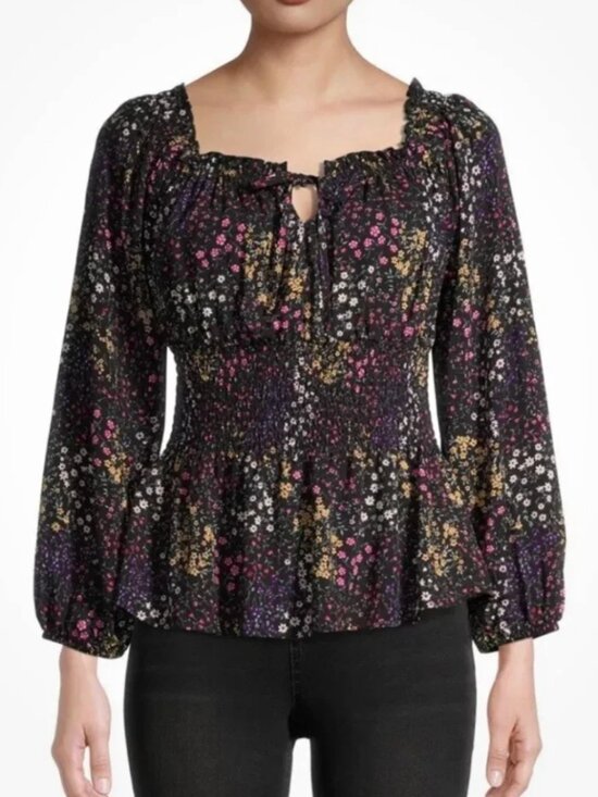 No Boundaries Tops - No Boundaries 100% Rayon Black Floral Rouched Waist Peasant Blouse Top women XXL